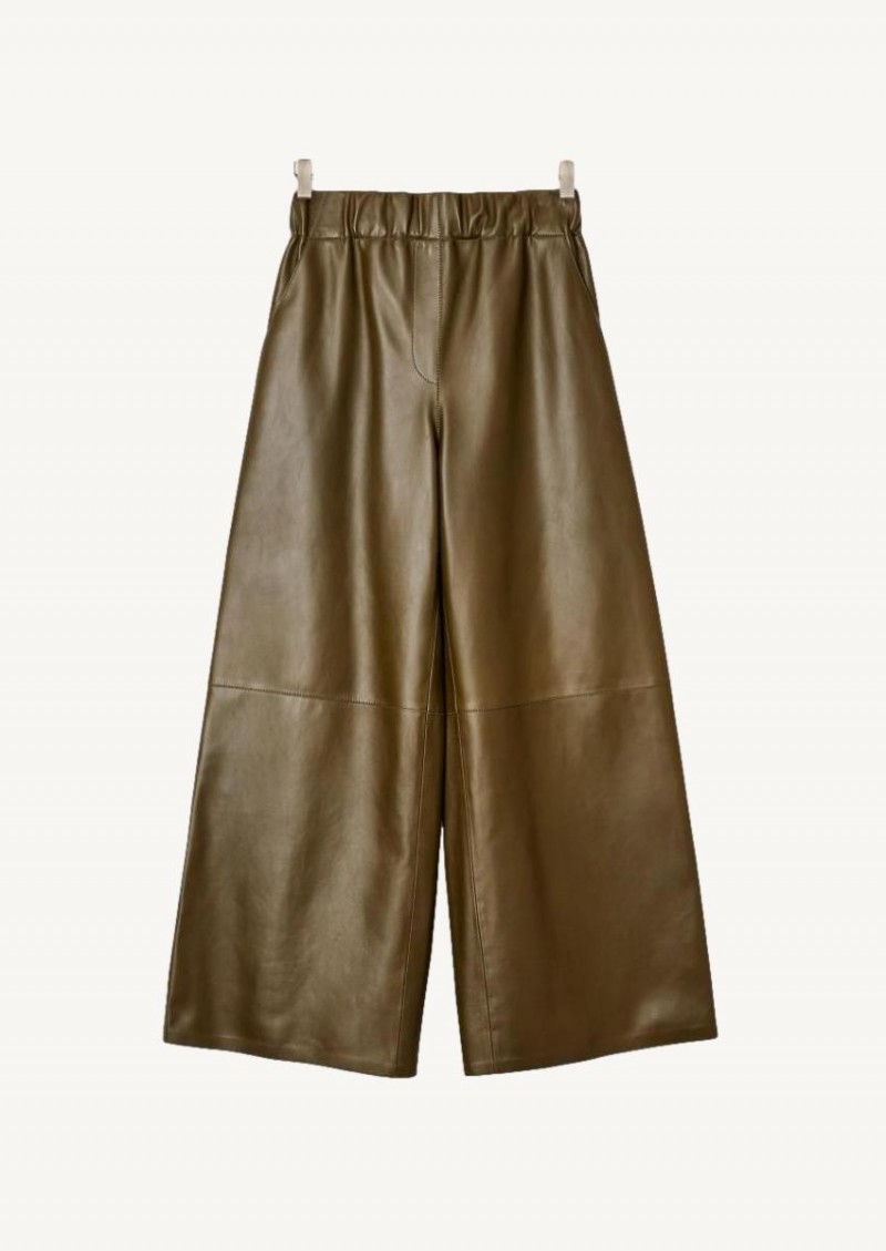 Khaki elastic waist cropped leather pants