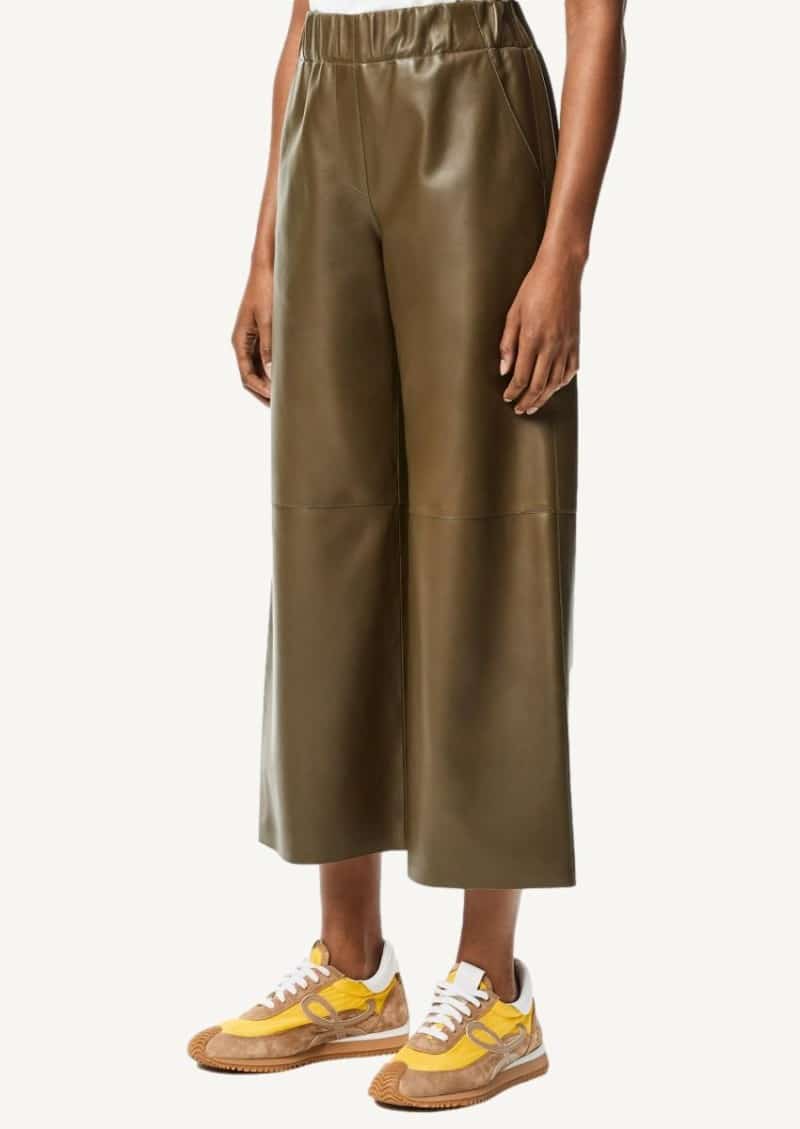 Khaki elastic waist cropped leather pants