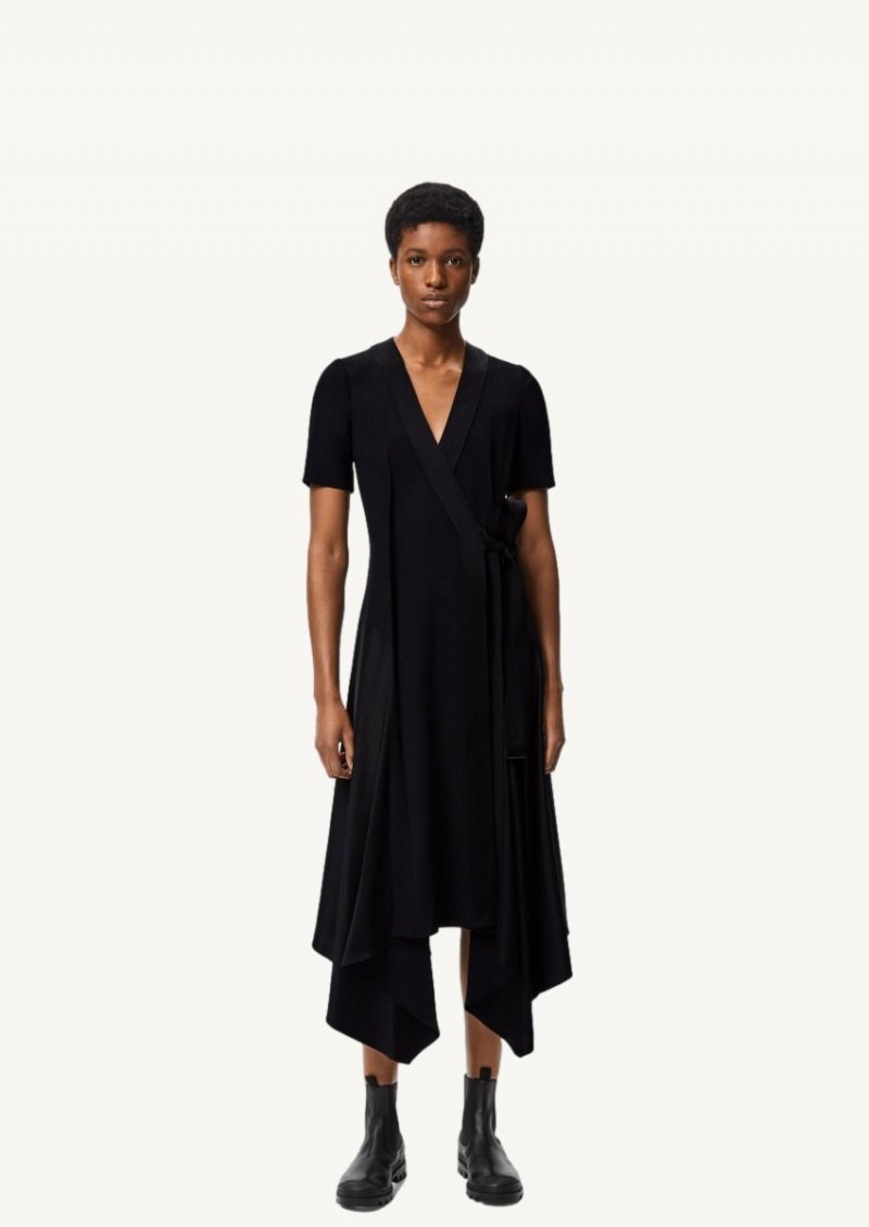 Black asymmetric wrap midi dress in crepe