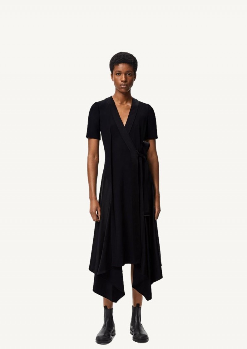 Black asymmetric wrap midi dress in ...