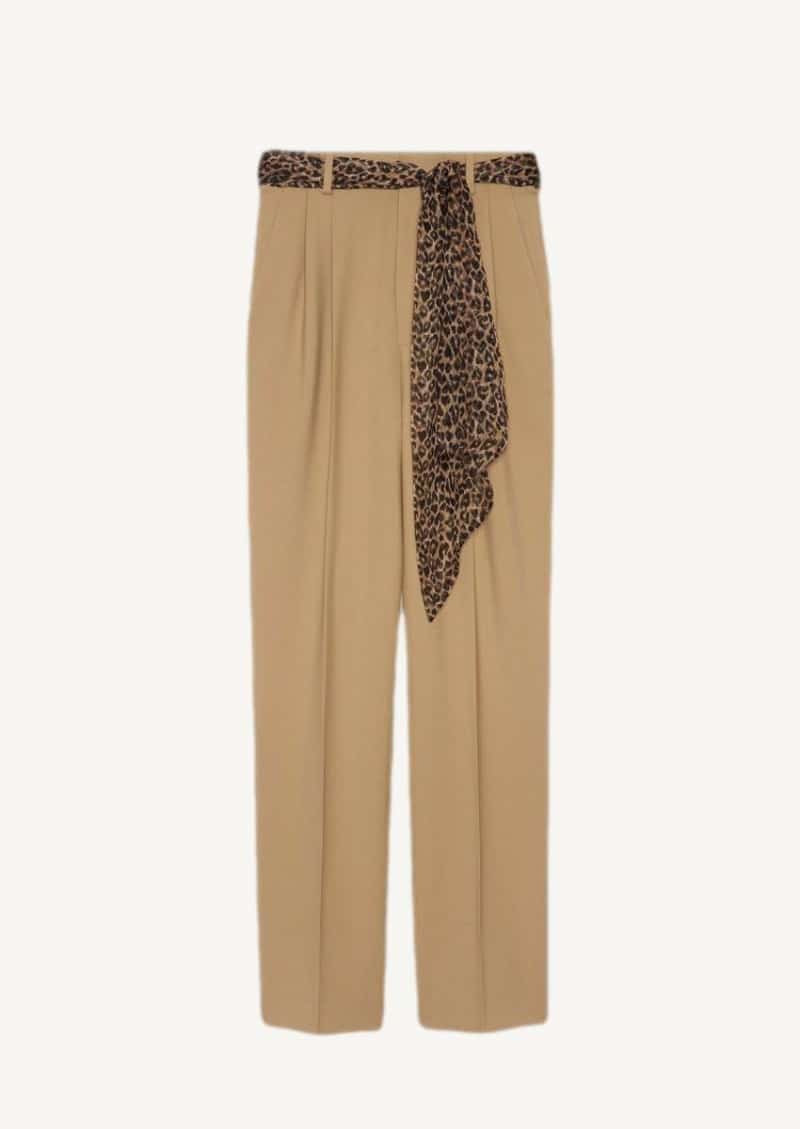 Pantalon à plis en gabardine de laine avec ceinture en soie beige