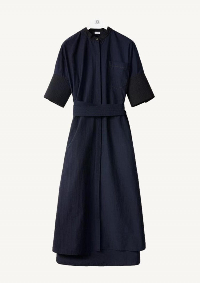 Robe Chemise Midi Ceinturee En Coton Noir Et Bleu Marine Loewe Departement Feminin
