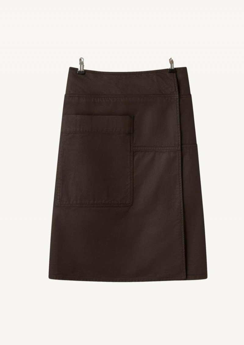 Jupe-tablier en denim enduit marron