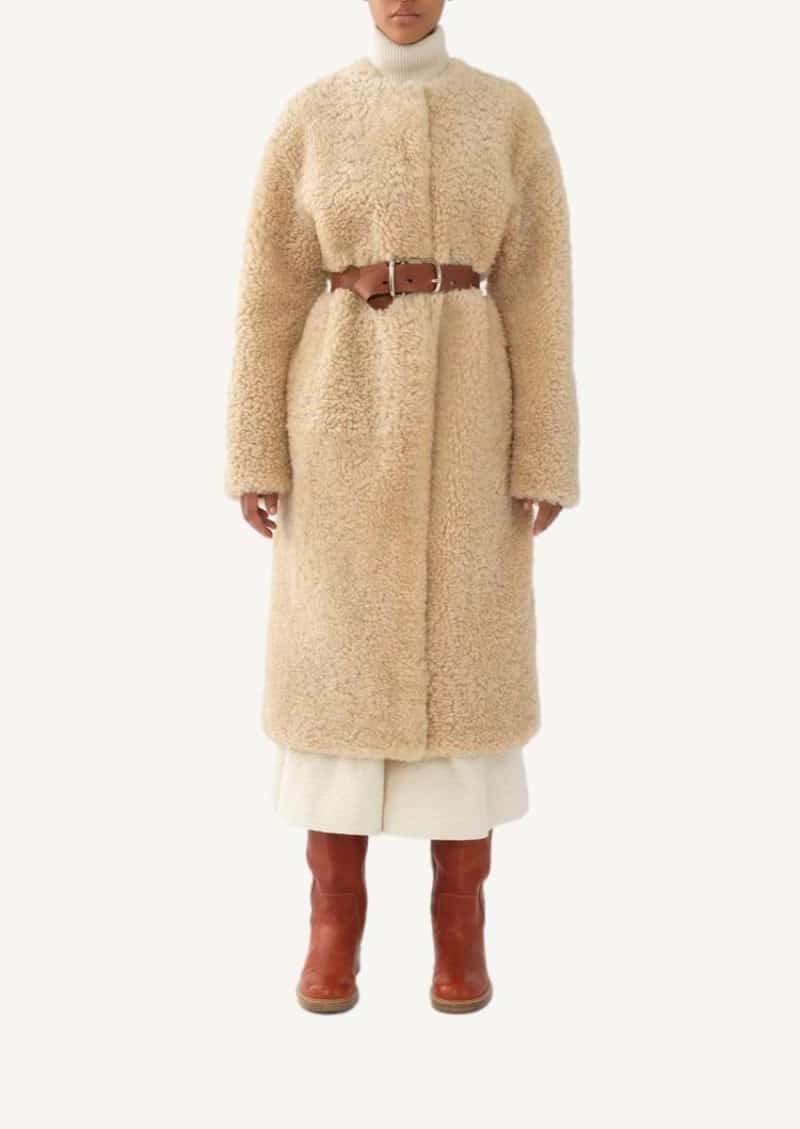 Manteau cocon en peau lainée beige