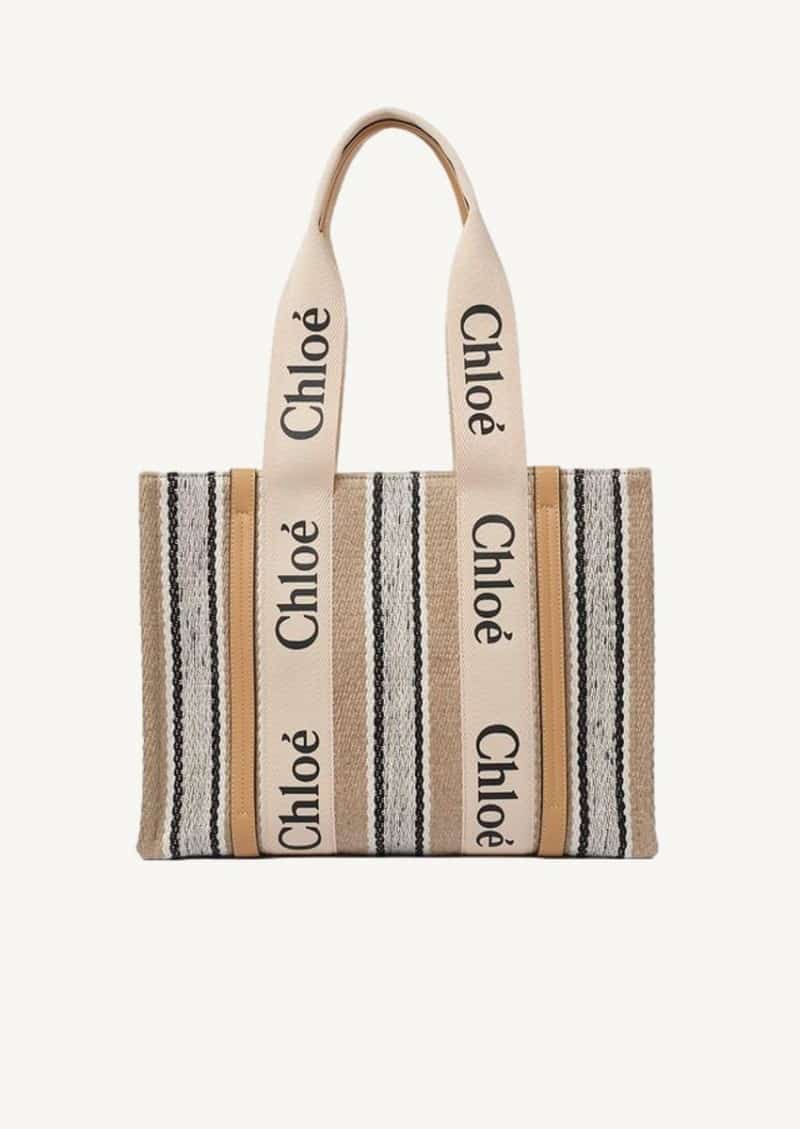 Soft Tan medium Woody tote bag in striped linen and calfskin
