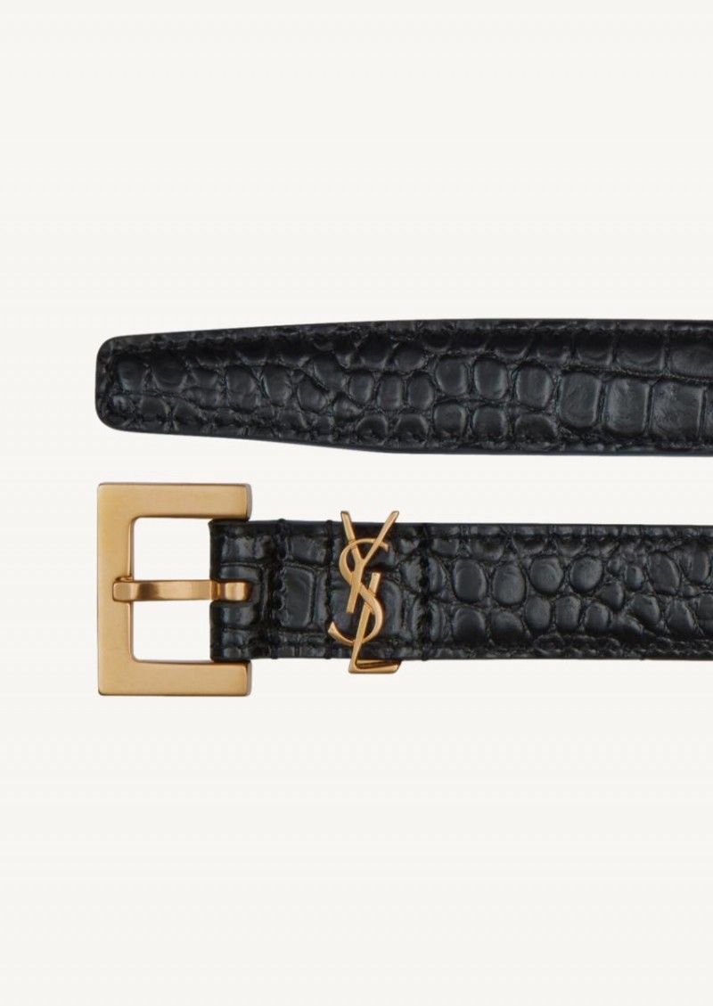 Thin monogrammed black crocodile embossed leather belt