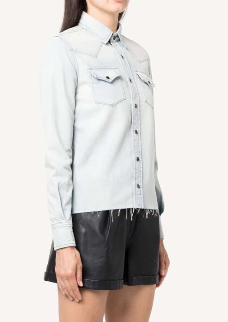 Dusty sky blue raw-cut detail denim shirt