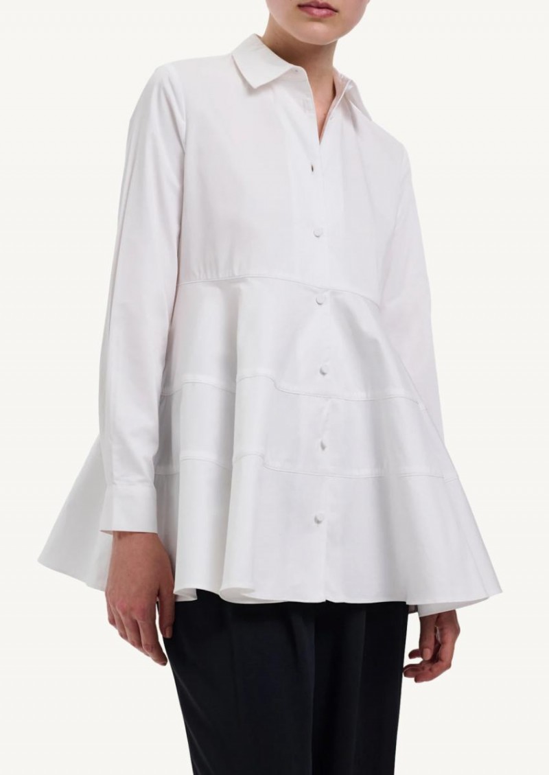 White Tiered Button Down Shirt in Cotton Poplin