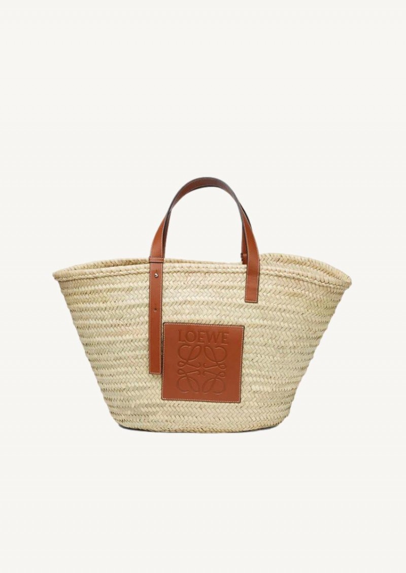 Large Basket bag in palm leaf and calfskin natural and tan