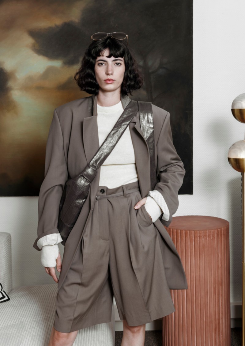 Taupe grey double breasted belt suit jacket