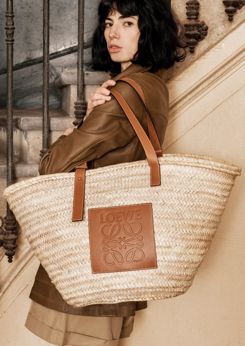 Large Basket bag in palm leaf and calfskin natural and tan