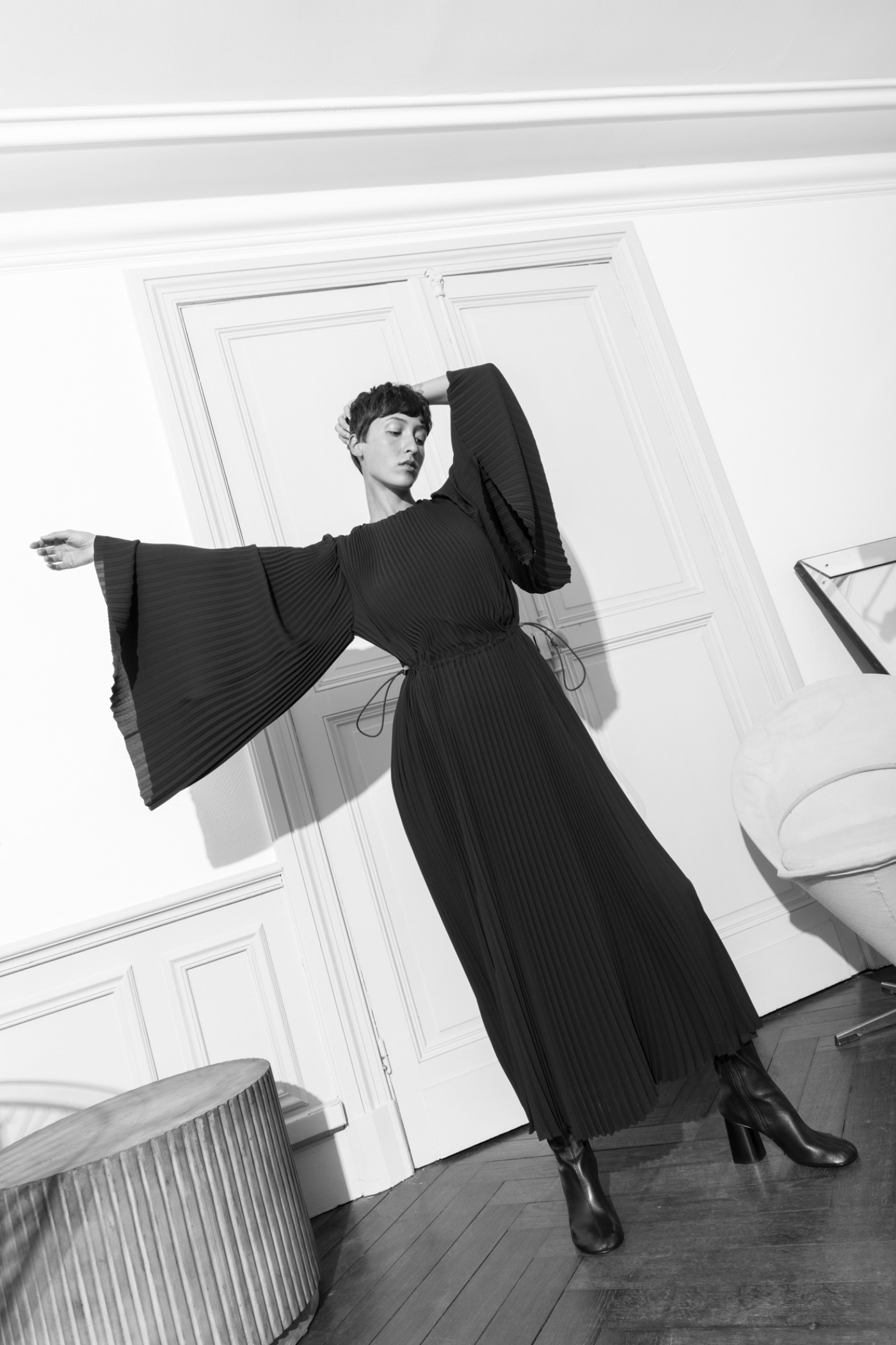 fully-pleated midi dress