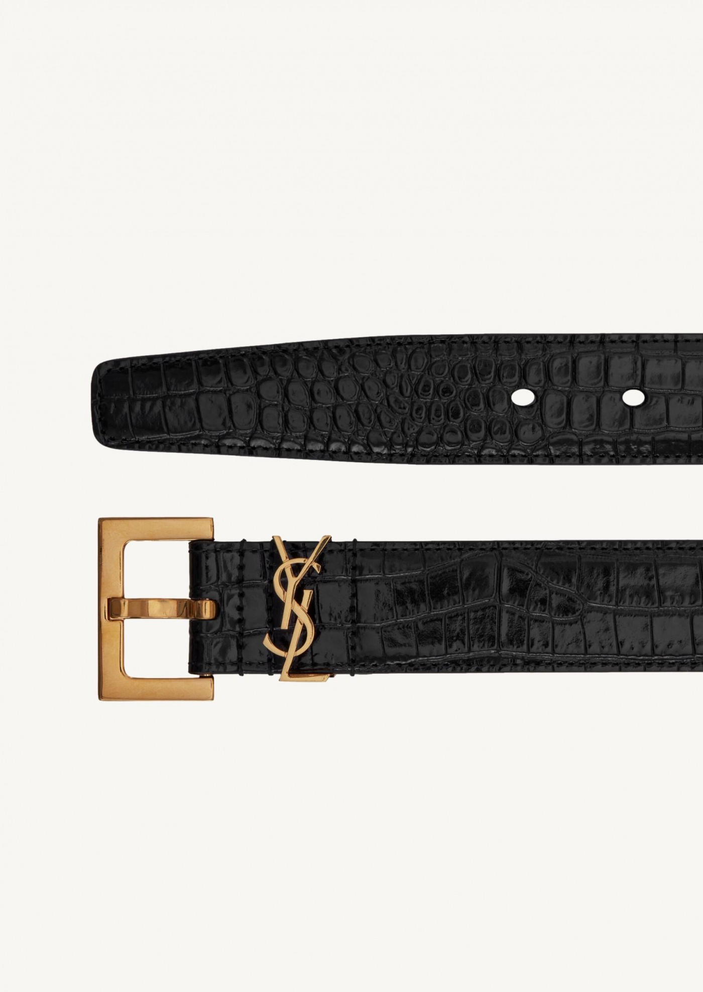 Cassandra belt in shiny black crocodile embossed leather with gold finish