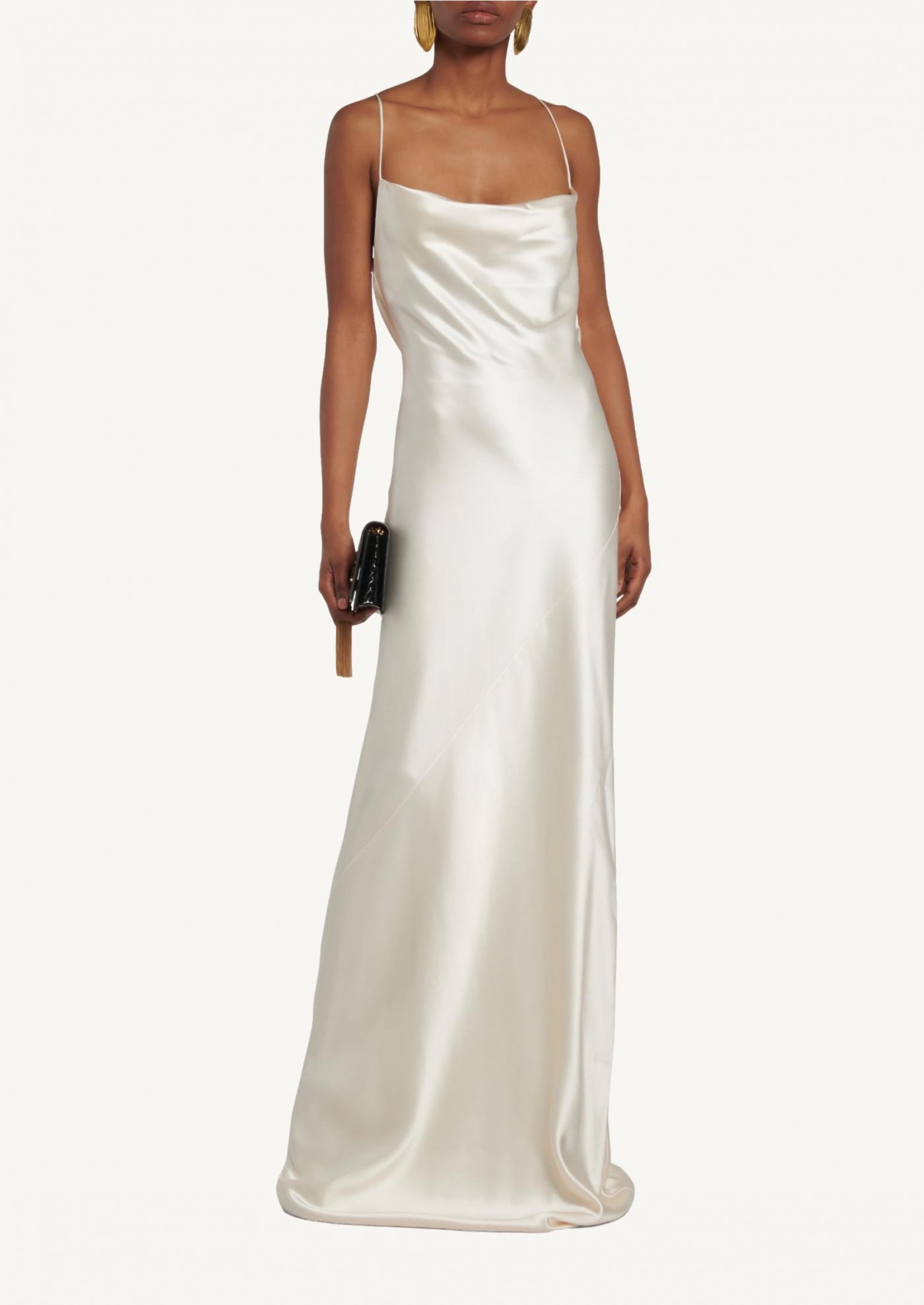 Silk satin long dress with white plunging neckline
