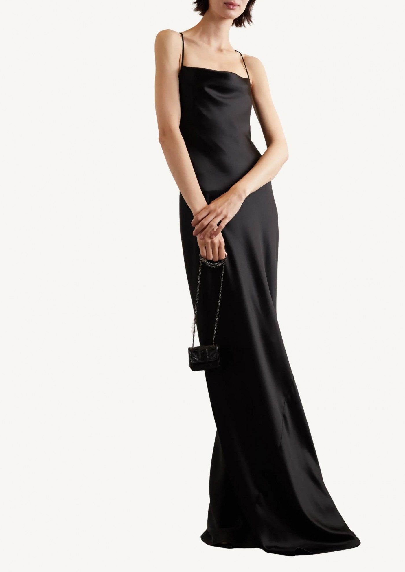 Long dress in silk satin with plunging neckline black