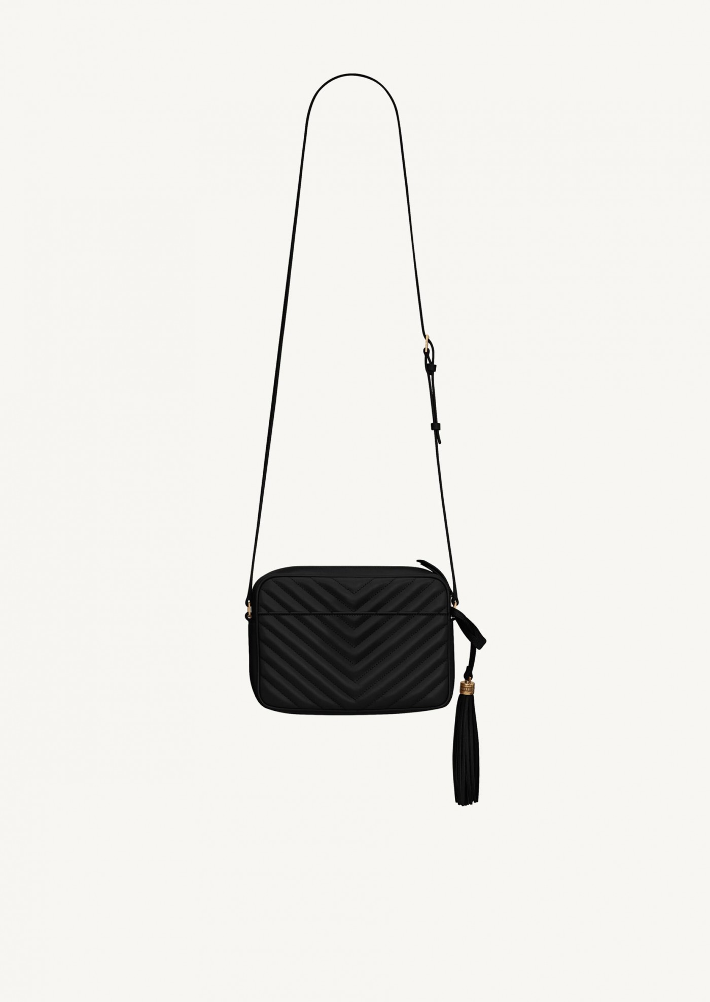 Lou camera bag in black quilted leather with gold finish