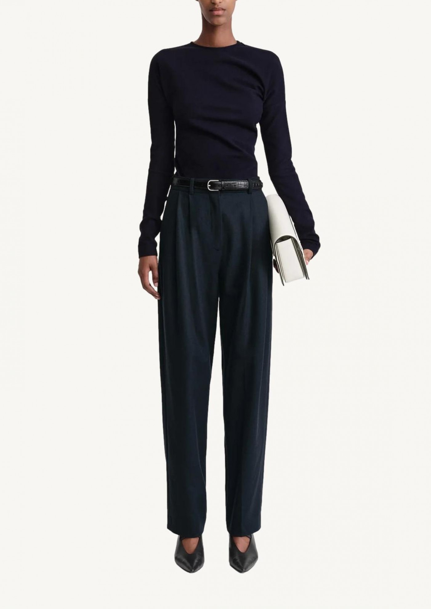 Double-pleated tailored trousers navy