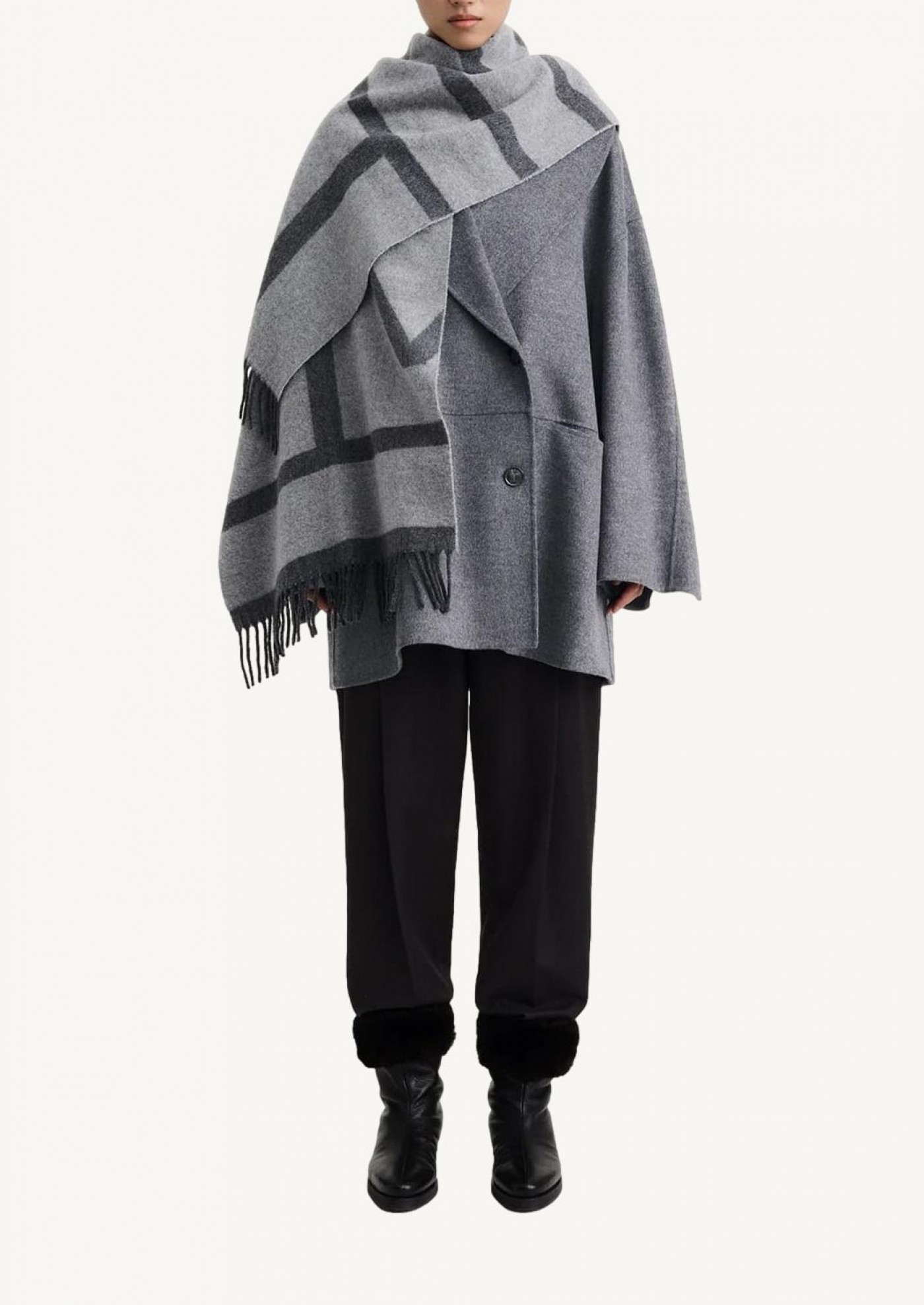 Monogram jacquard wool scarf dark grey mélange - Totême