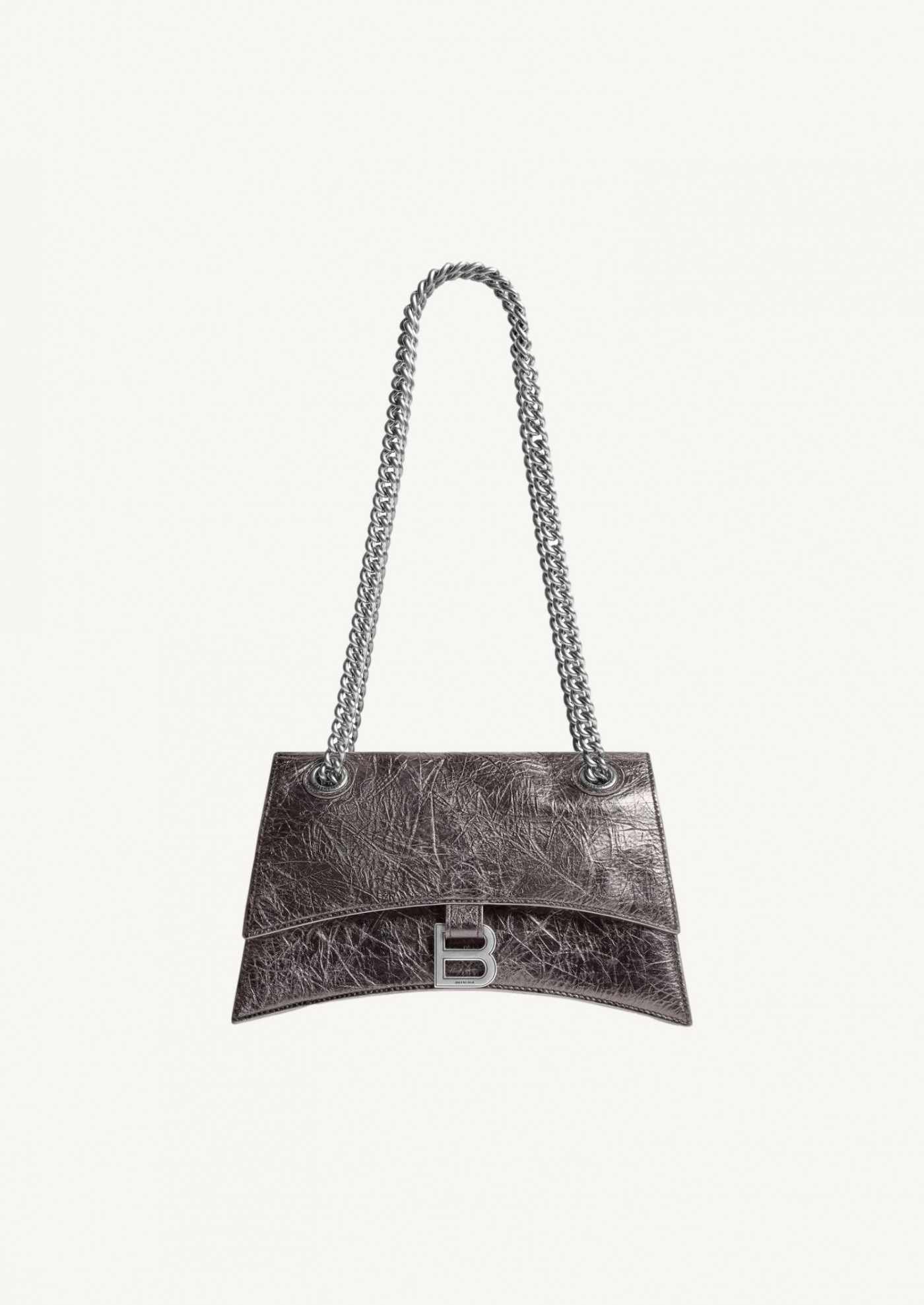 Sac avec chaîne crush petit modèle métallisé pour femme en gris foncé