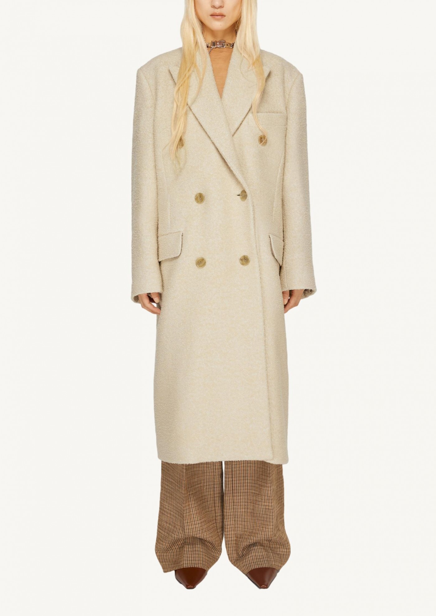 White double-breasted wool coat