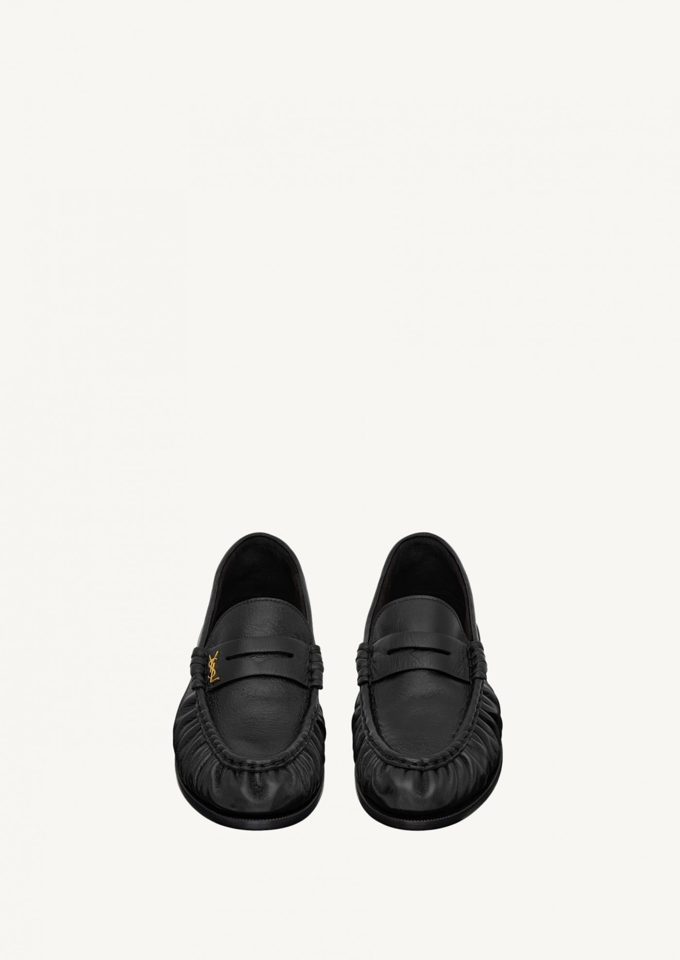 Black shiny pleated leather loafers