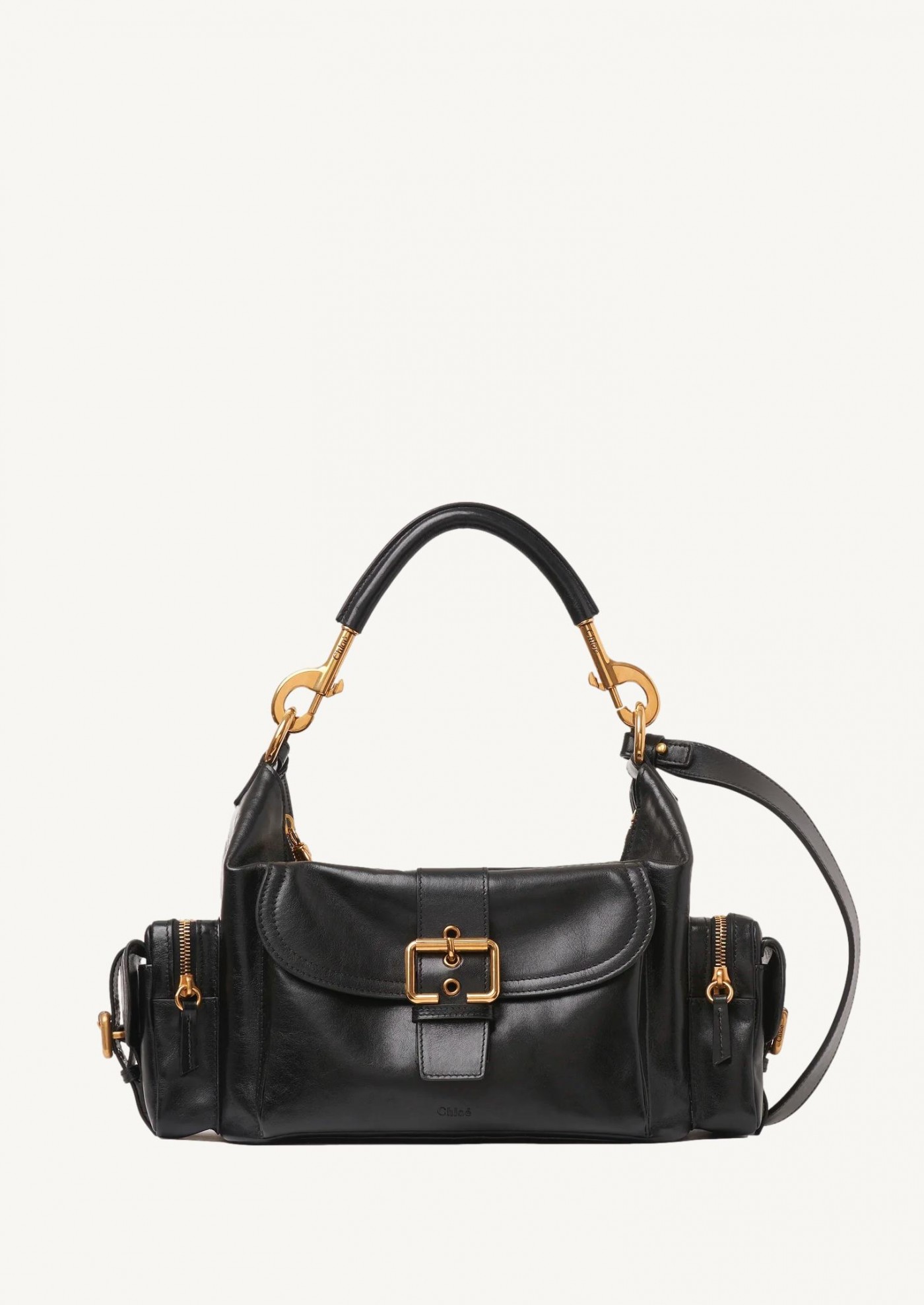 Sac camera bag en cuir brillant noir