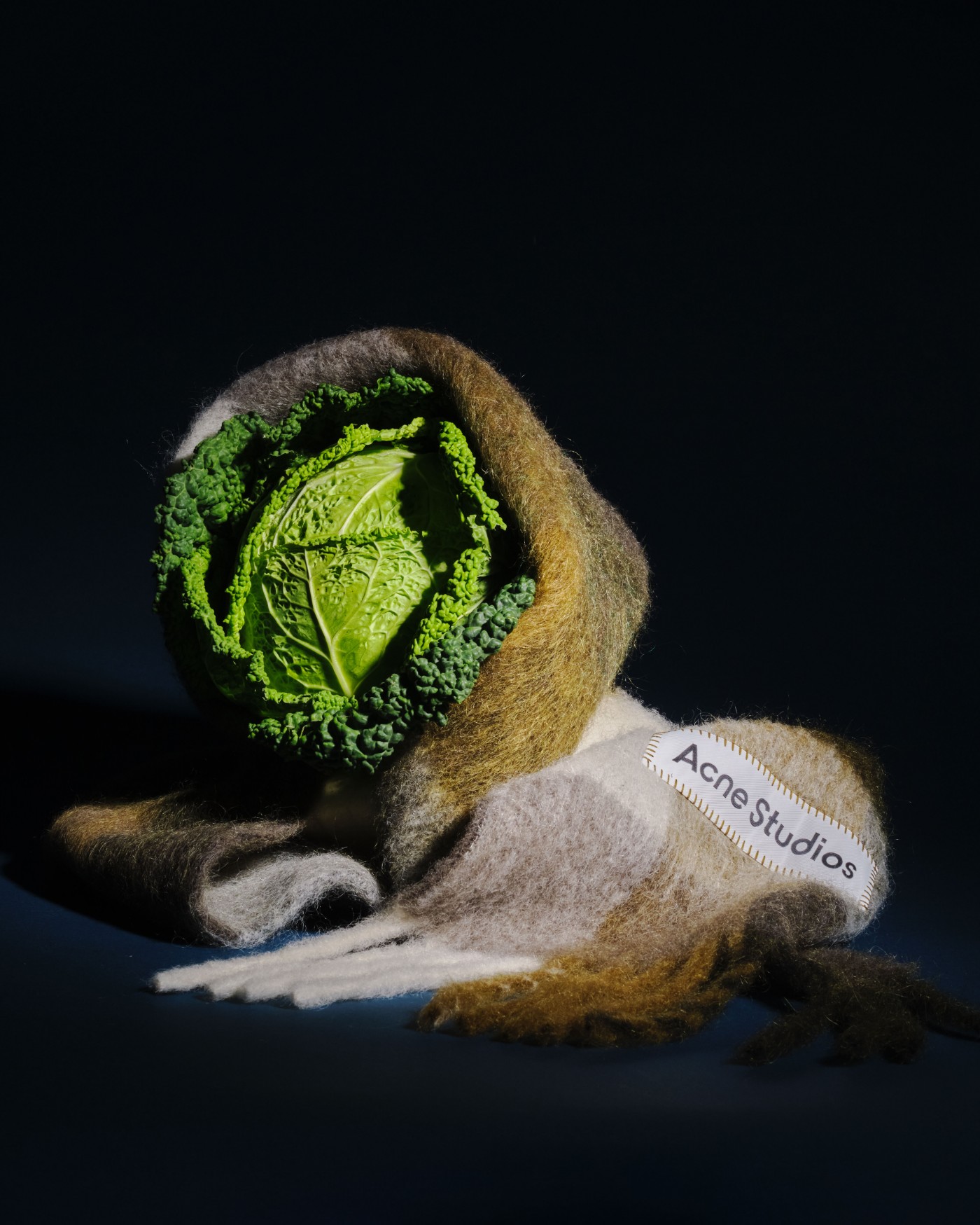 Taupe/green/black mohair plaid scarf