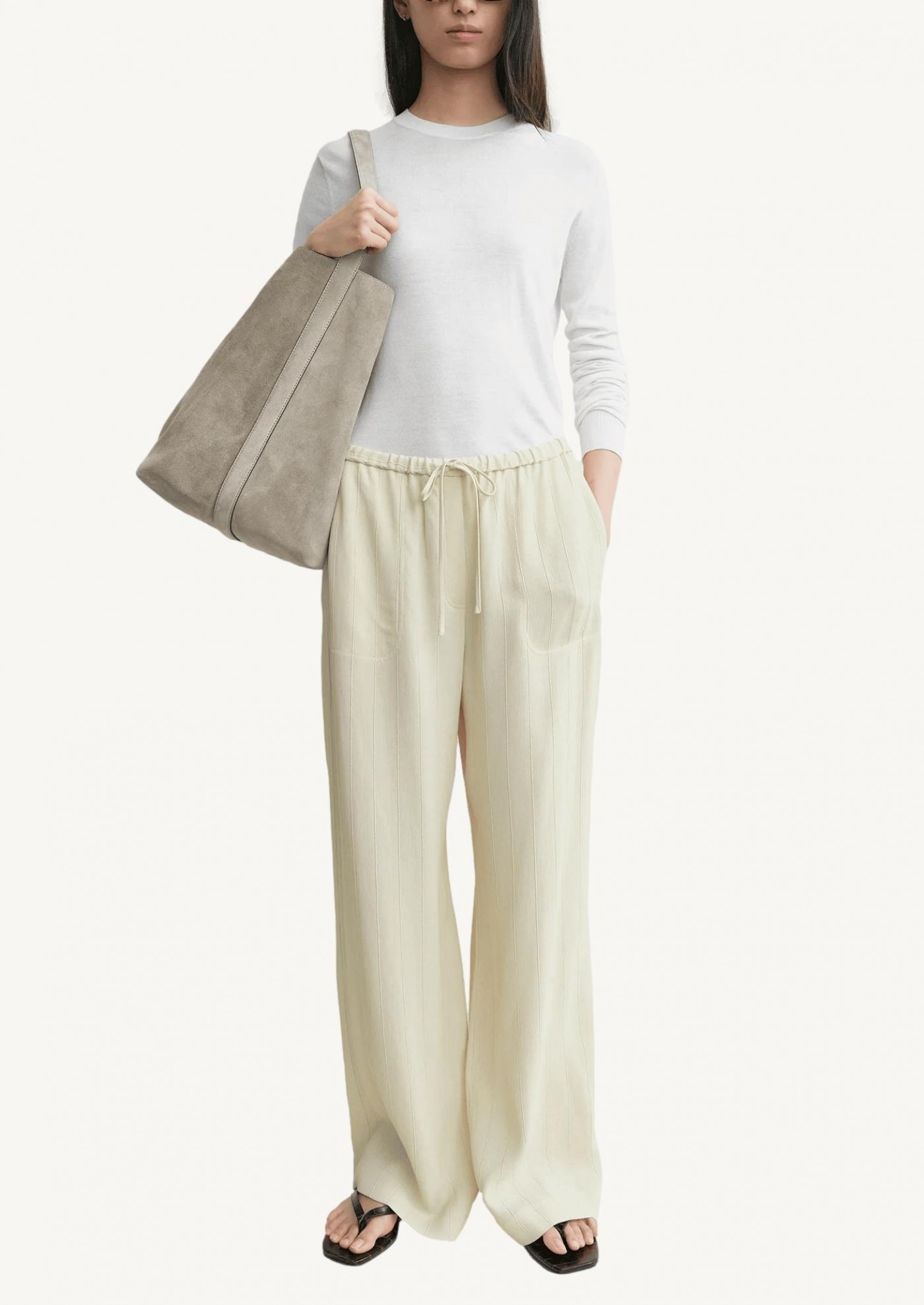 Woven stripe drawstring trousers ecru
