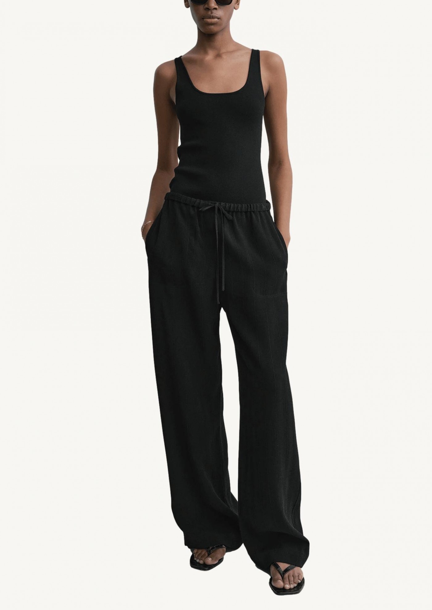 Woven stripe drawstring trousers black
