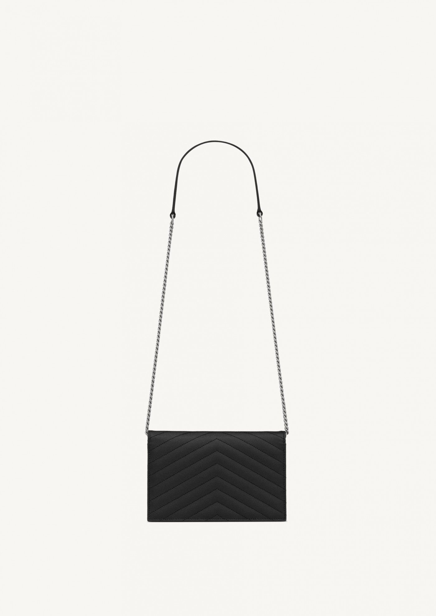 Cassandre envelope chain wallet in black and silver powder grain leather