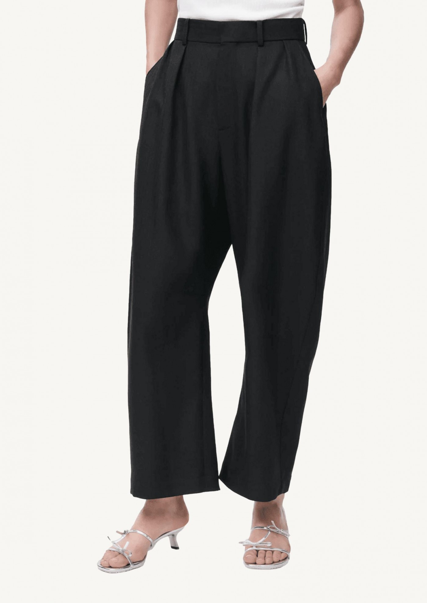 Black wool barrel trousers