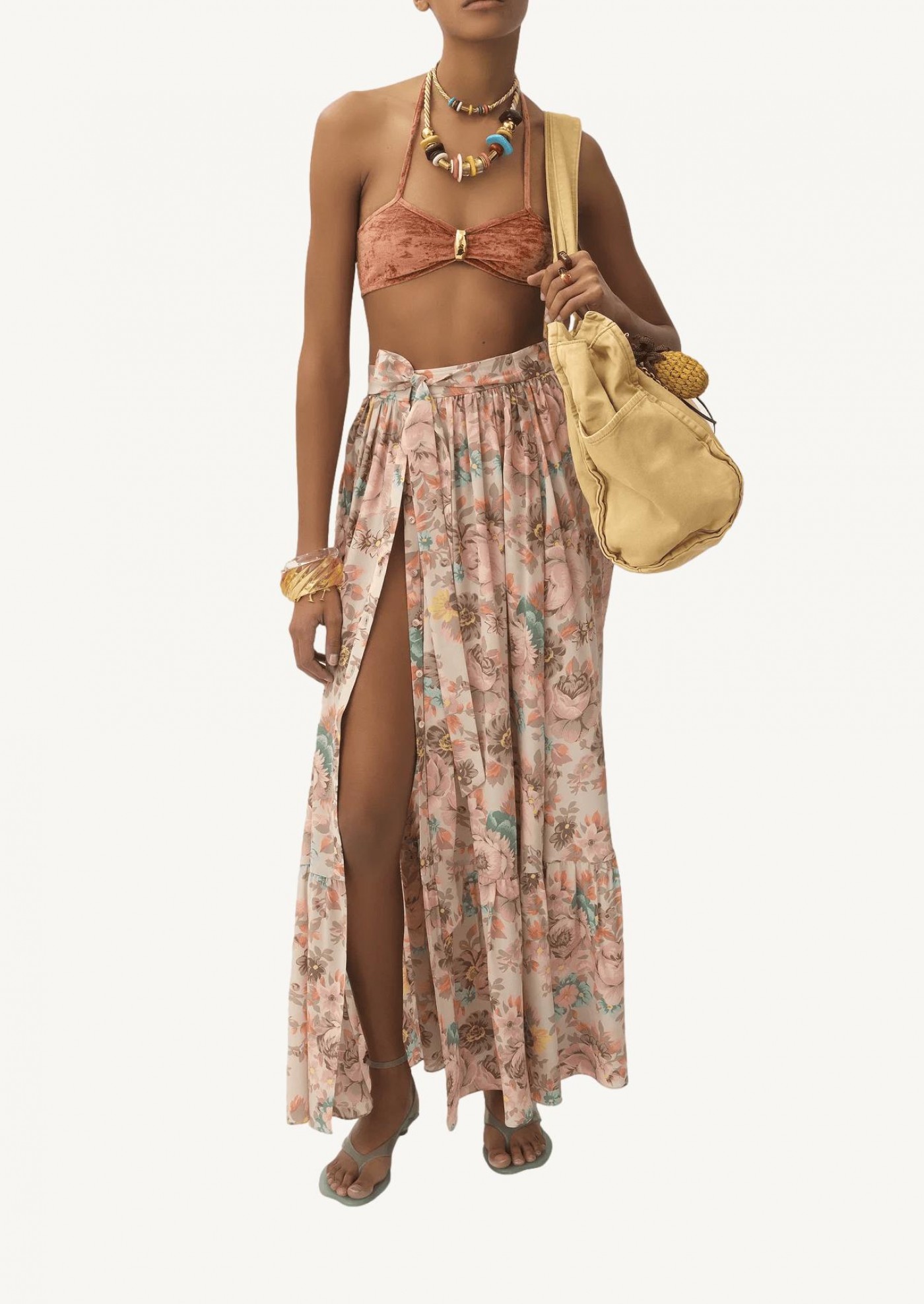 Gathered floral print midi skirt