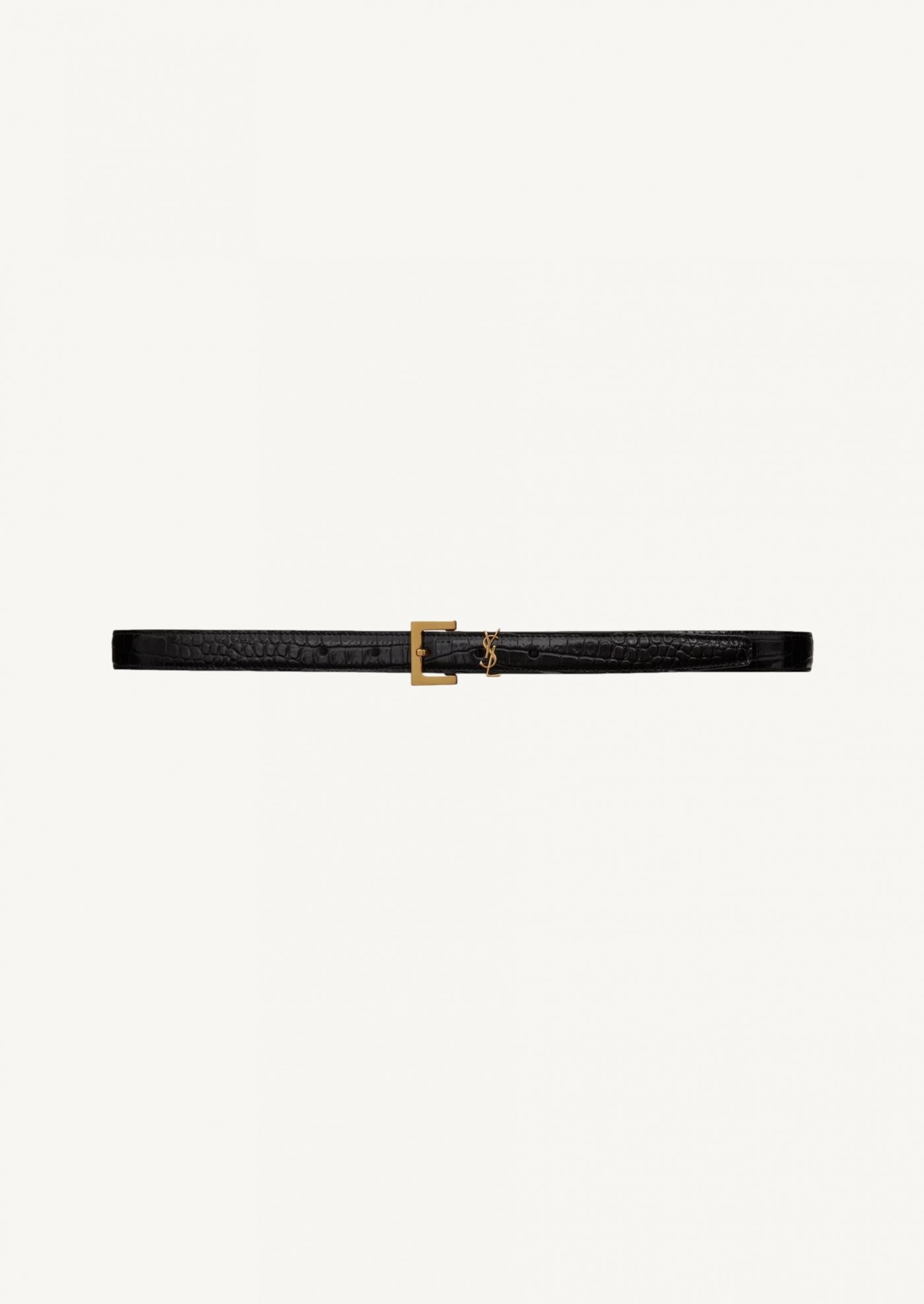 Fine Cassandre belt in black crocodile-embossed leather with gold hardware