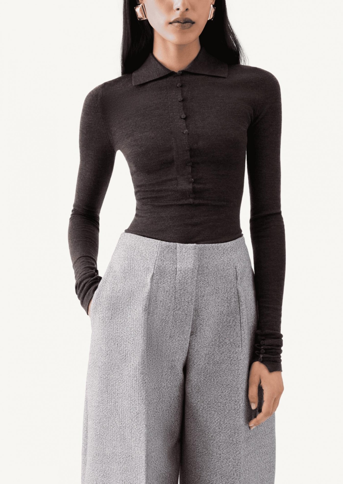 Le polo Merino manches longues marron