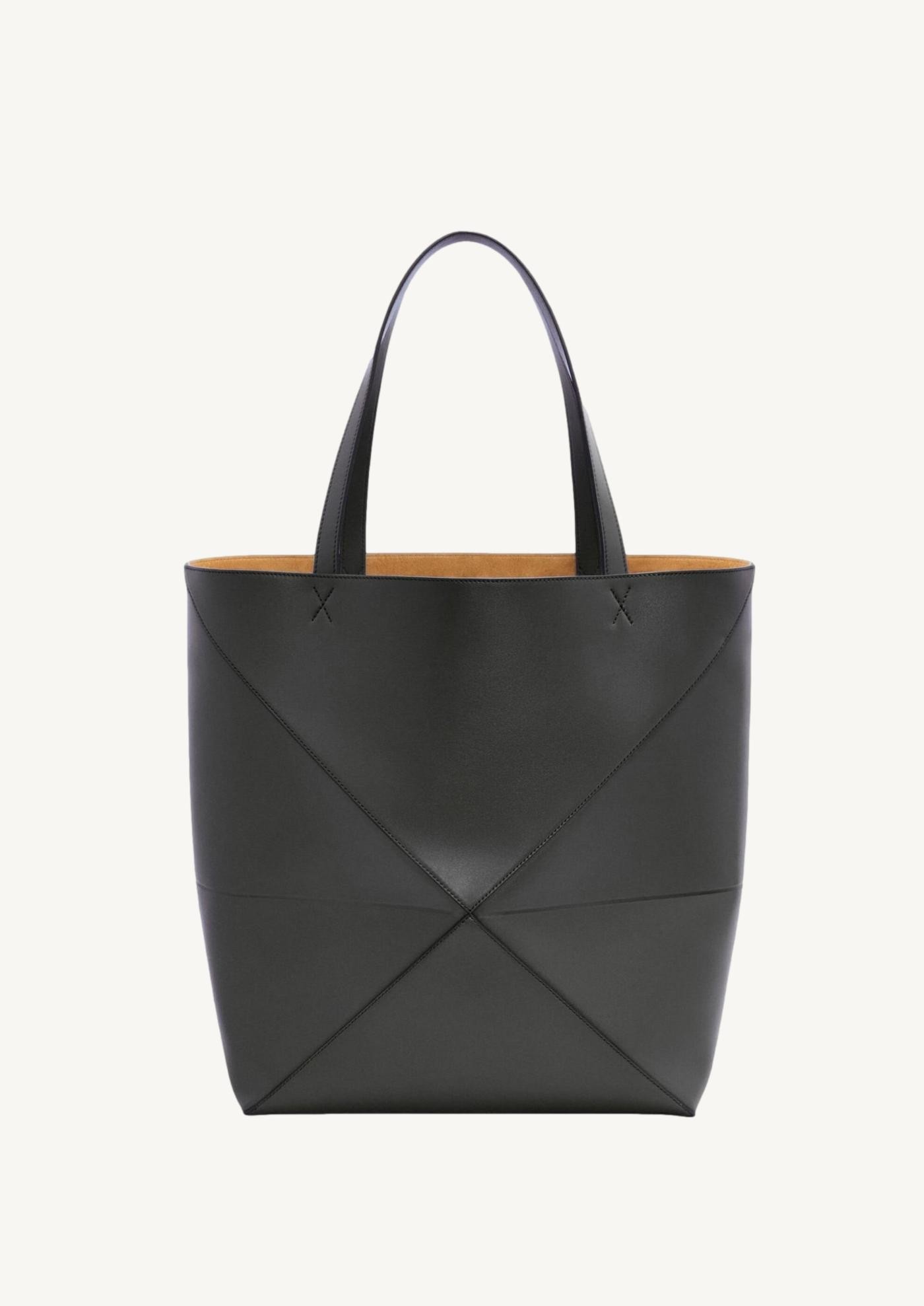 Puzzle Fold Tote XL en cuir de veau brillant noir
