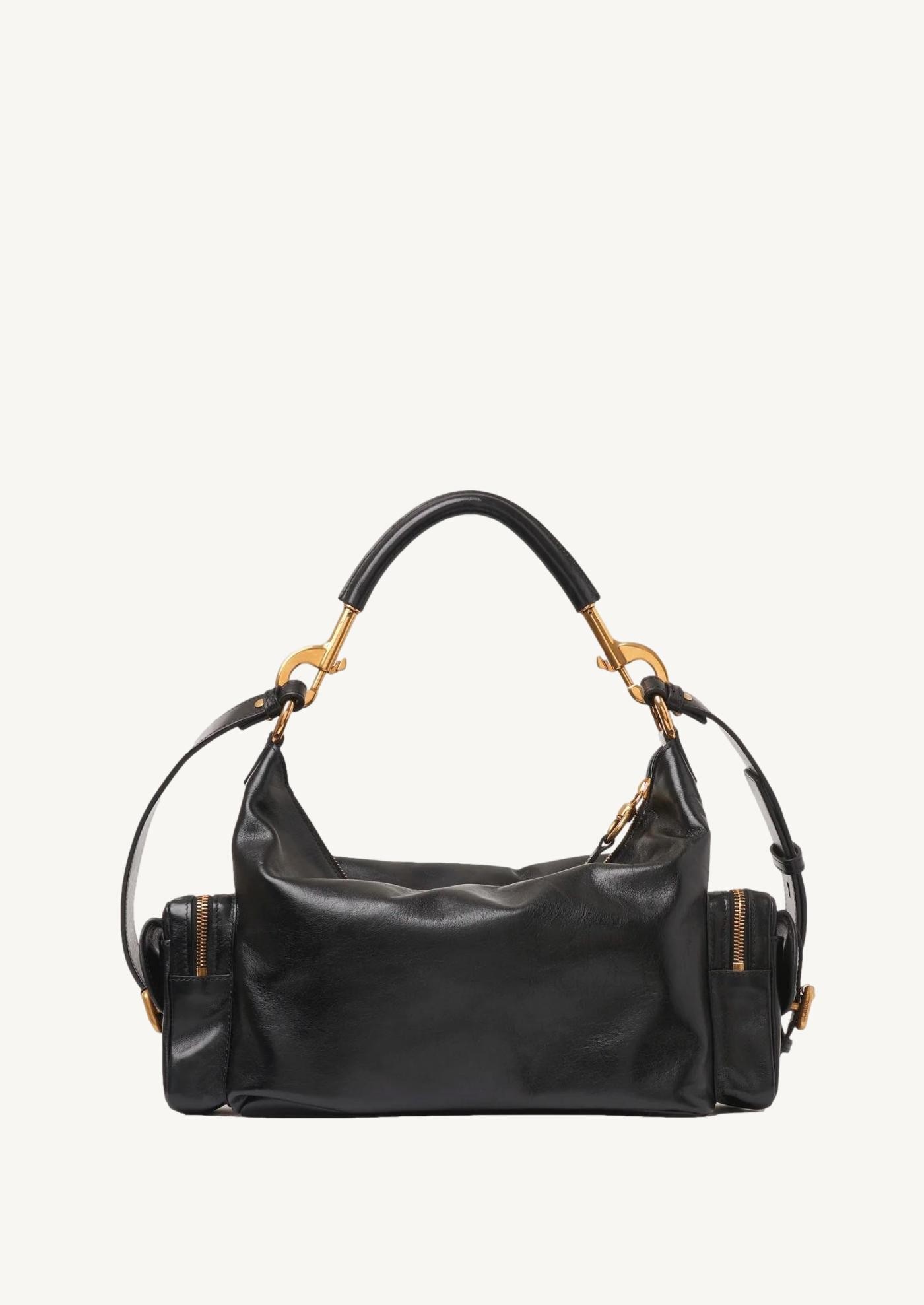 Sac camera bag en cuir brillant noir