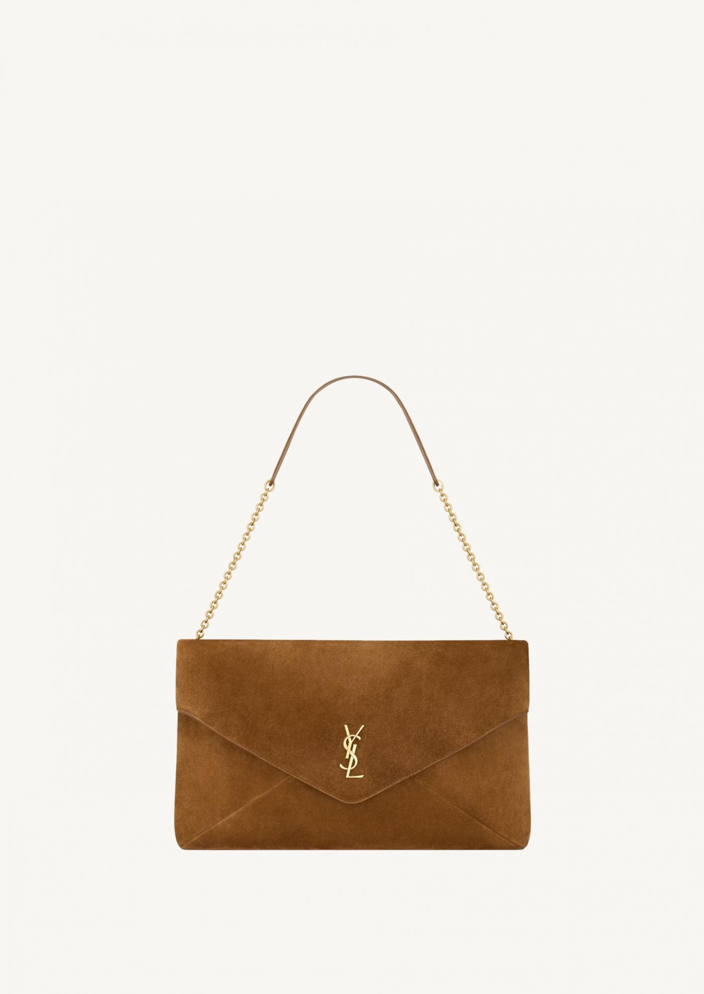 Cassandre XXL chain clutch bag in caramel suede