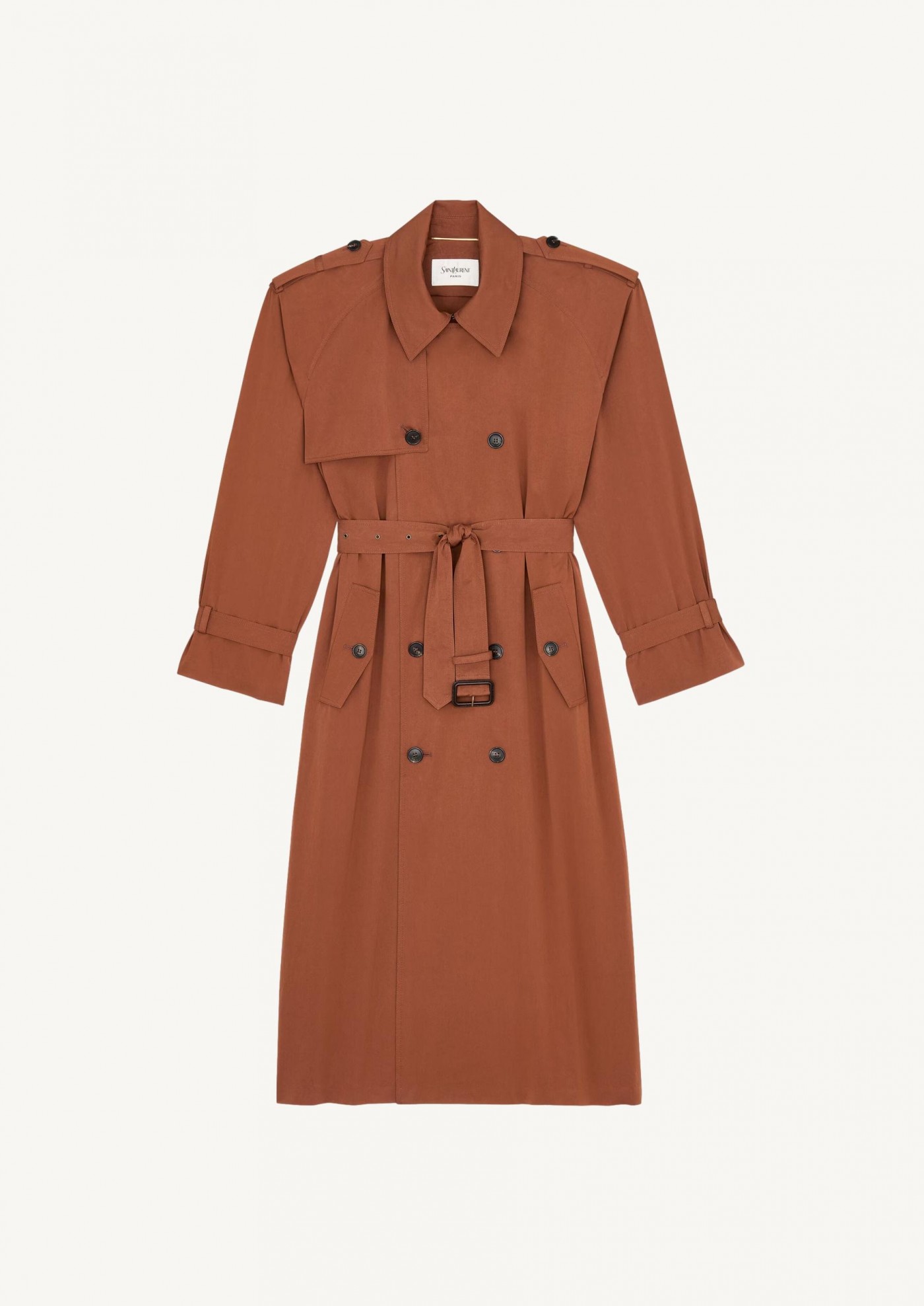 Mocha-colored water-repellent cotton and silk trench coat