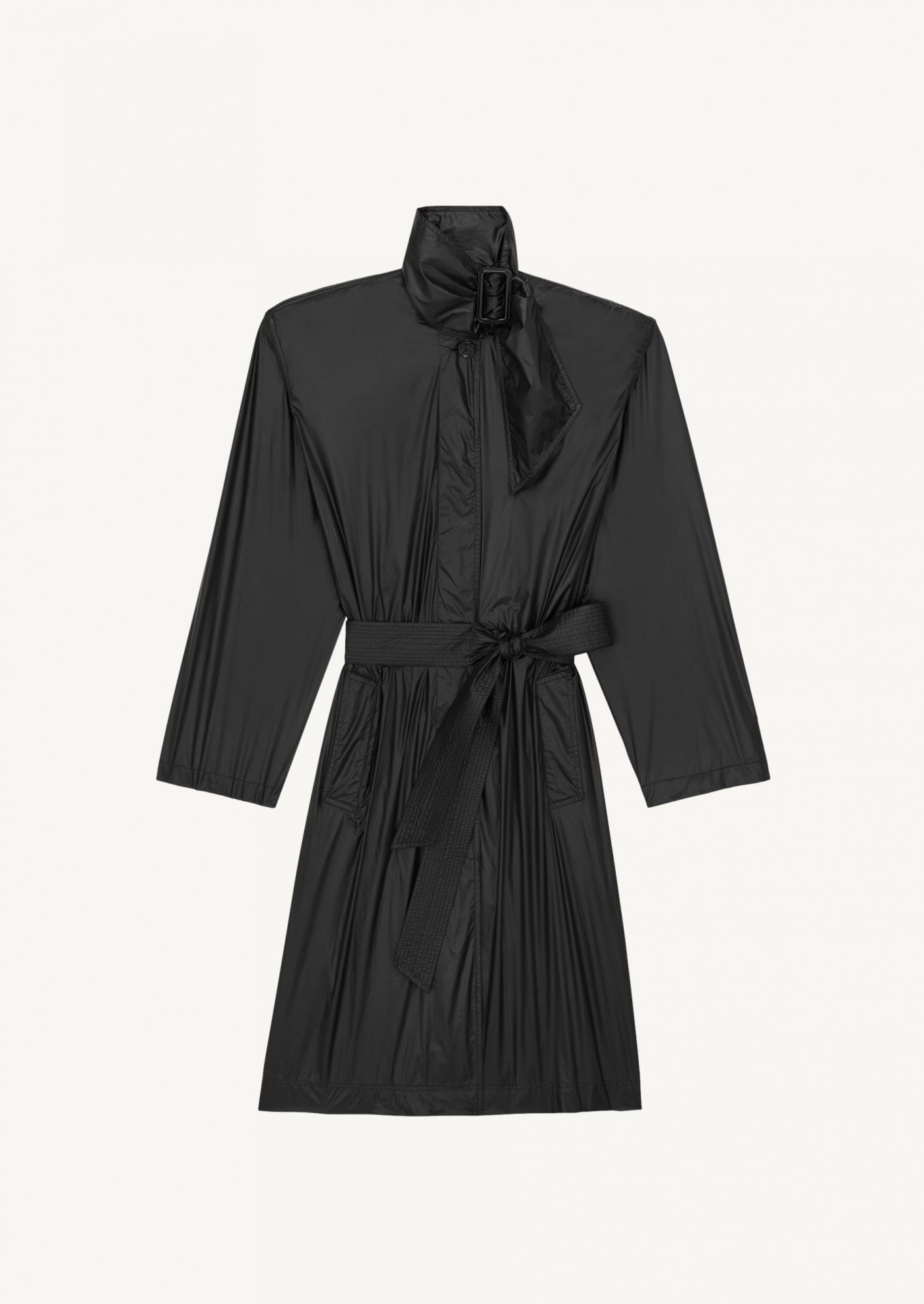 Black nylon trench coat with a shawl collar