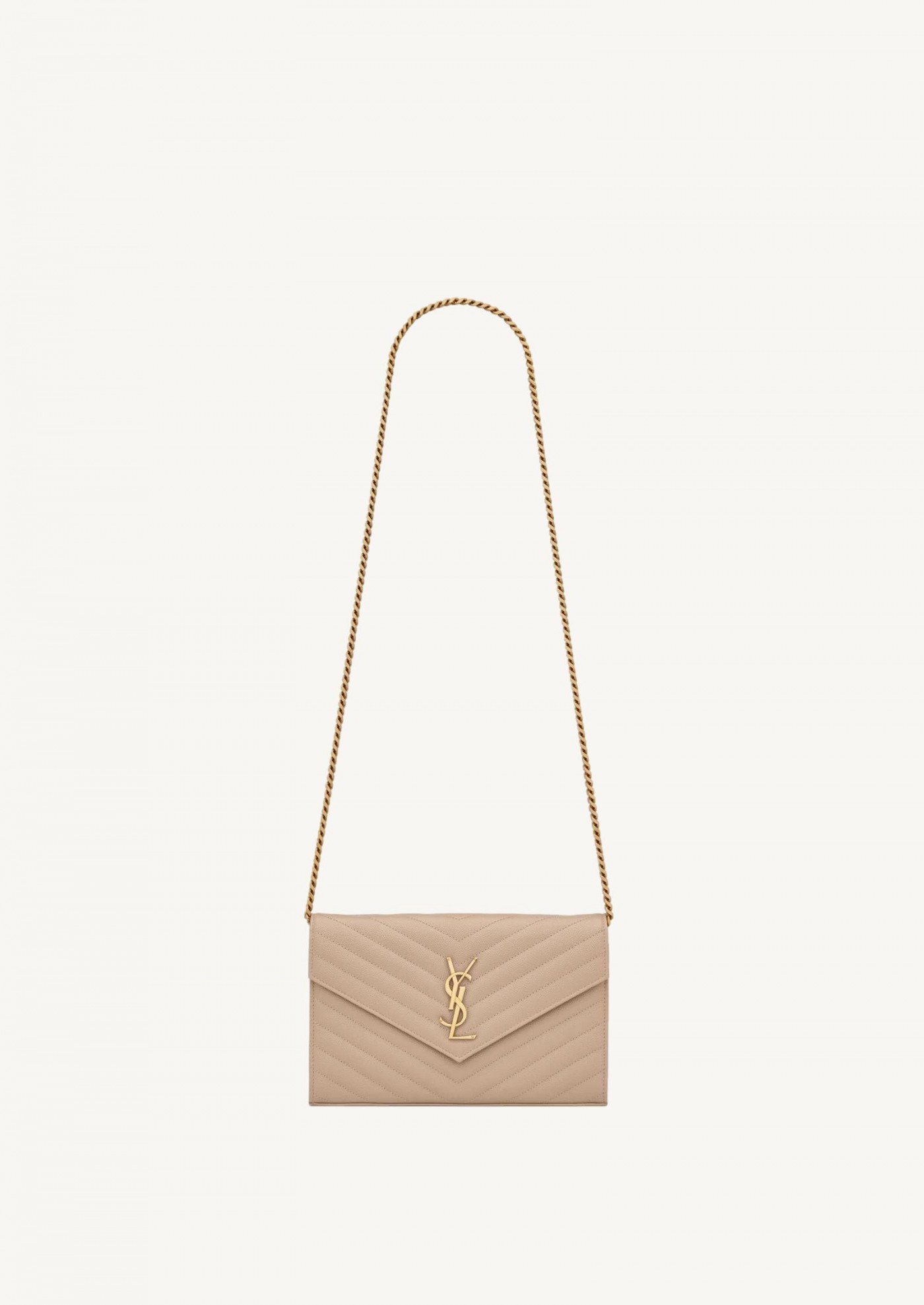 CASSANDRE classic CHAIN WALLET EN CUIR GRAIN DE POUDRE beige et or
